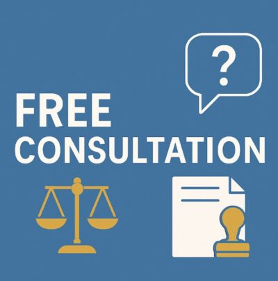 Free Consultation banner with legal icons including justice scales, question bubble, and notary document on a blue background.