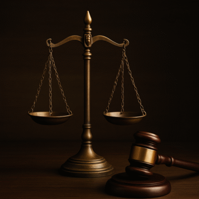 Balance scales and gavel symbolizing defamation law in Canada