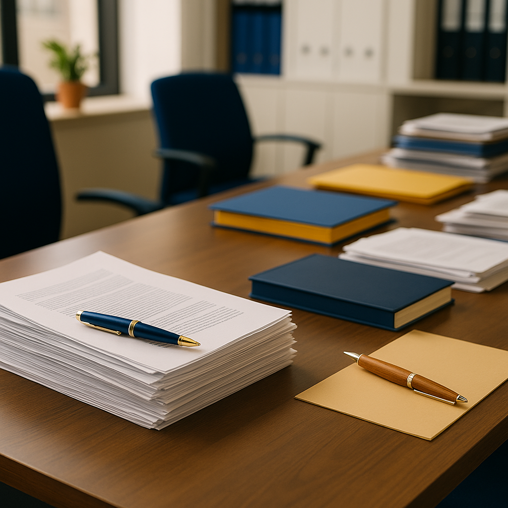 "A professional office desk filled with legal documents, papers, folders, and pens, representing legal document drafting services."