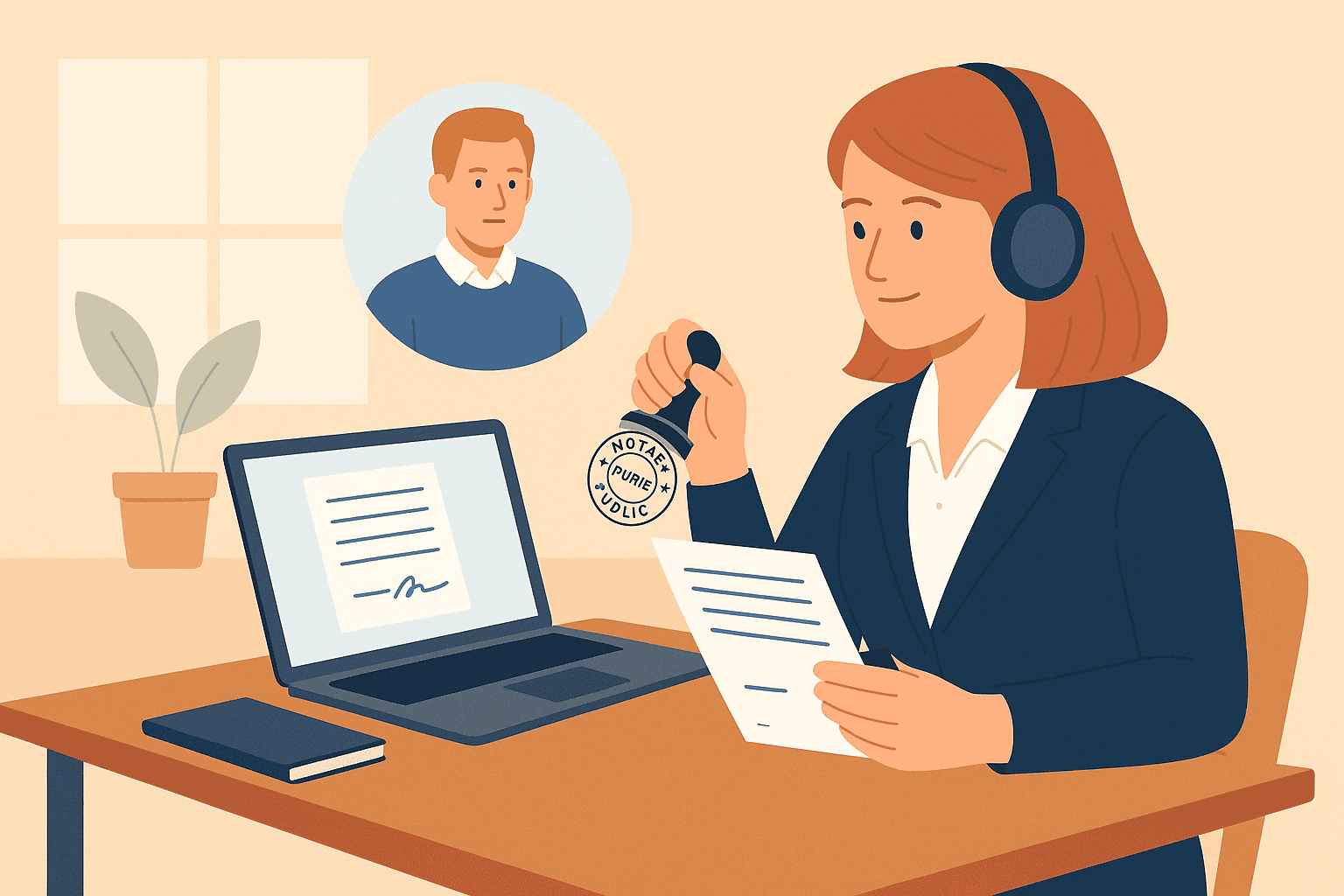 Illustration of a woman providing online notary services via video call